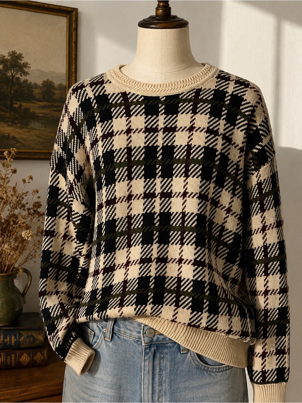 Plaid Grandpa Sweater 100% Cotton Vintage Preppy Large